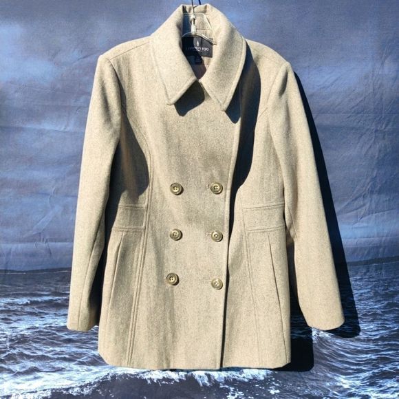 London Fog Wool Pea Coat Double Breast Notch Collar Sz L in Oatmeal Tan - Picture 4 of 15